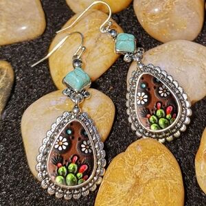 Floral Teardrop Earrings with Turquoise Accents. NWT